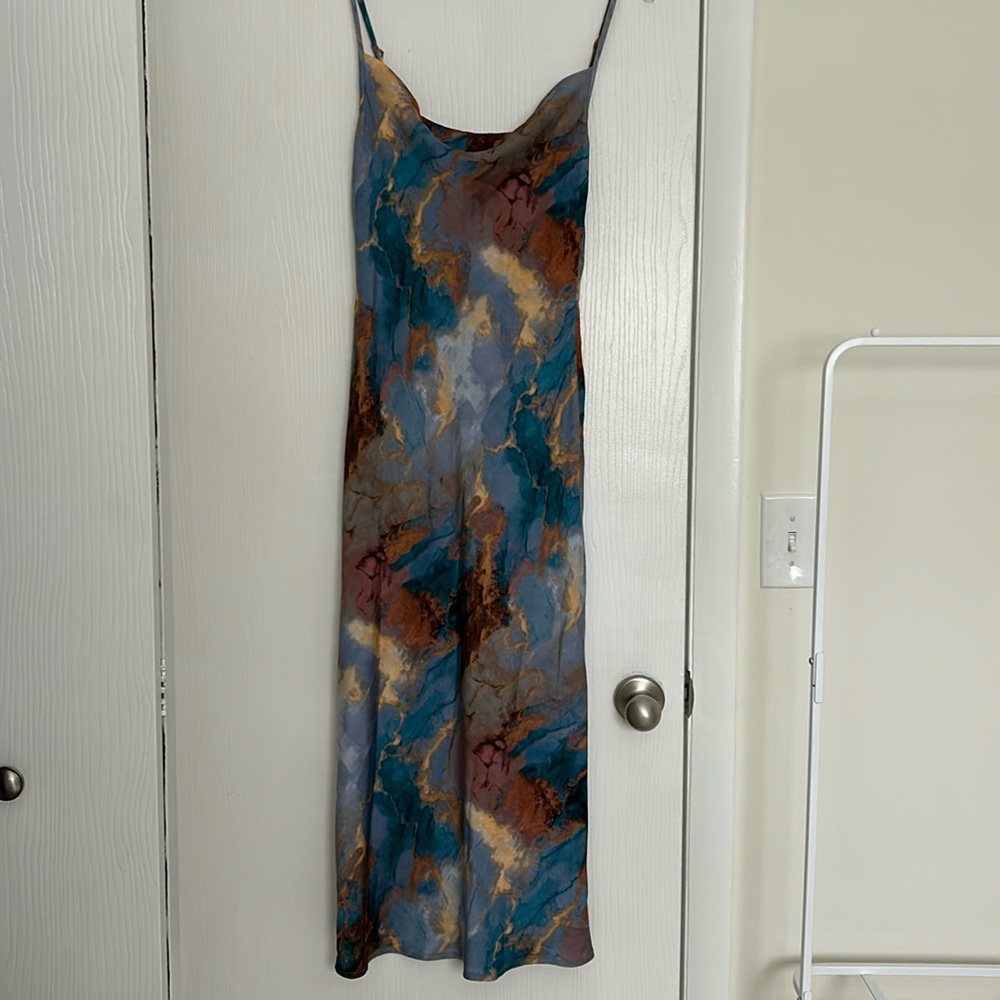 Blue and Brown Marble Satin Feel MIDI Dress